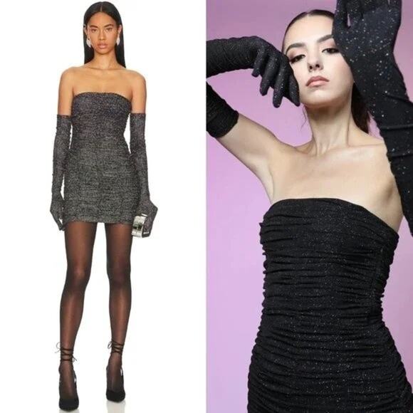 SAU LEE Revolve Black Strapless Faye Metallic Ruched Mini Dress W/ Gloves 4 - Picture 1 of 9